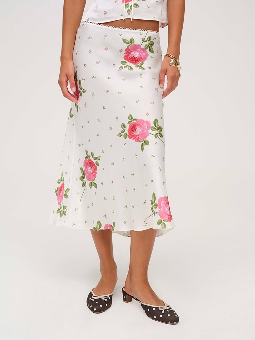 For Love & Lemons Rosebud Midi Skirt White with Pink Rose Print - M